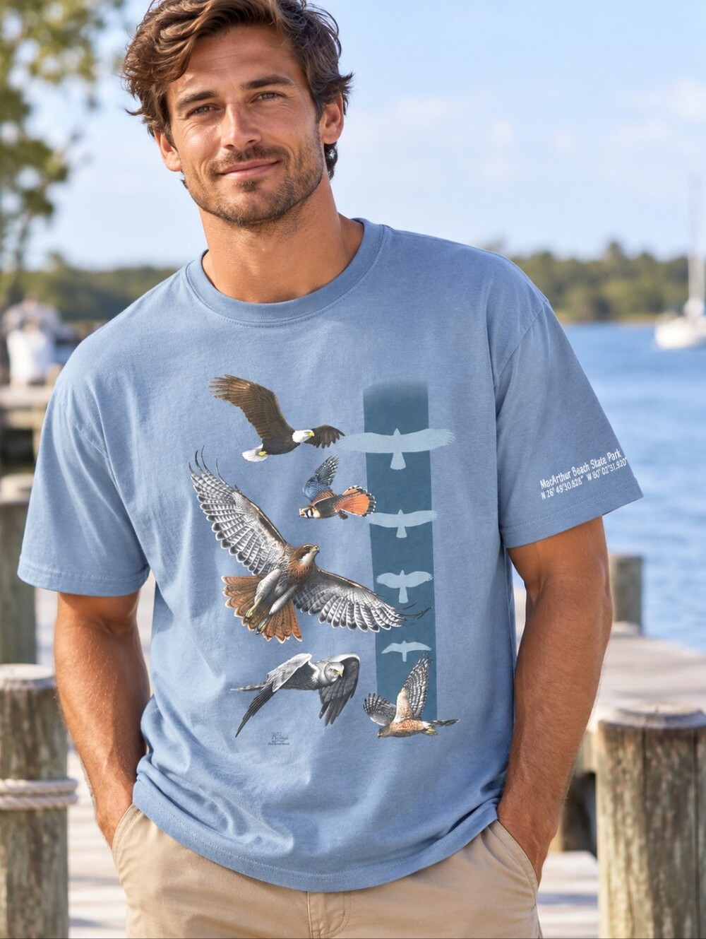 MacArthur Beach State Park Birds of Prey Graphic T-Shirt Blue XL Gildan